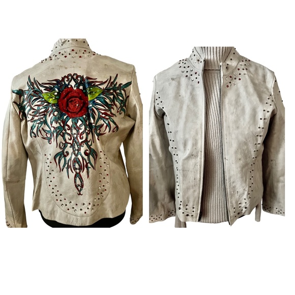 Wilsons Leather Women/Men Moto Jacket Size XL Studs Rhinestones Rose tattoo NWOT